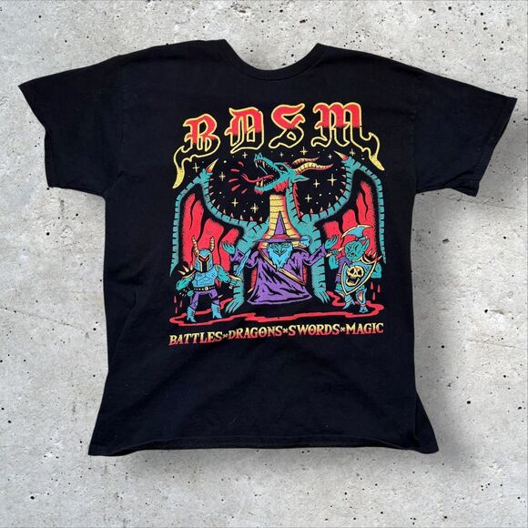 Wizard of Barge BDSM Battles Dragons Swords Magic Graphic T-Shirt Black L - Picture 1 of 9